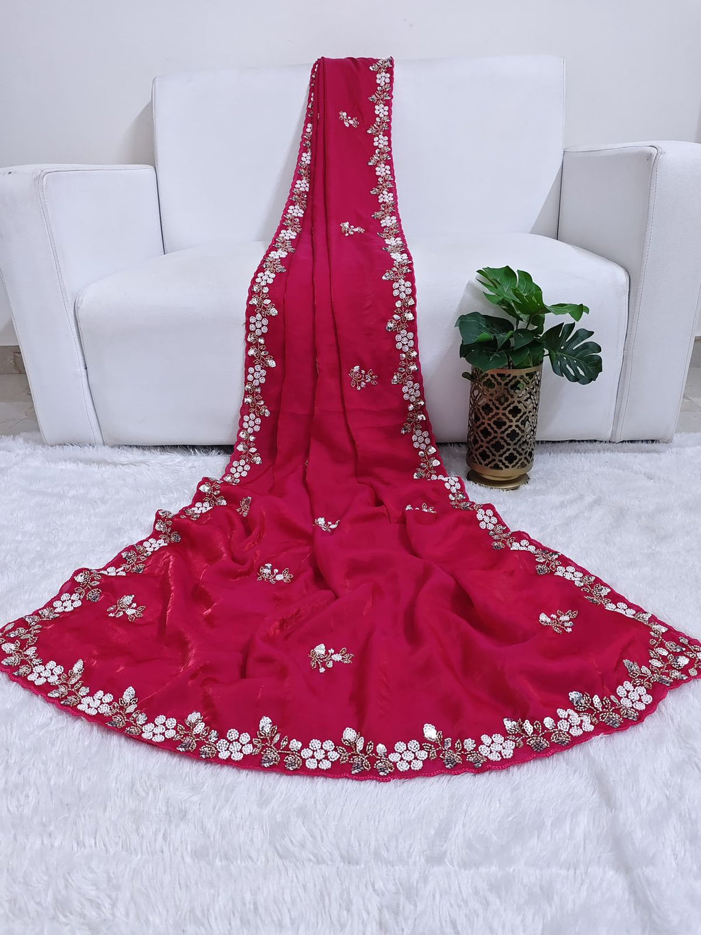 Buy Fandy Satin Silk Fabric Saree With Fancy Handwork (Bids) & Sequence Work With Fancy Bids Work Pallu, Border & Work Blouse