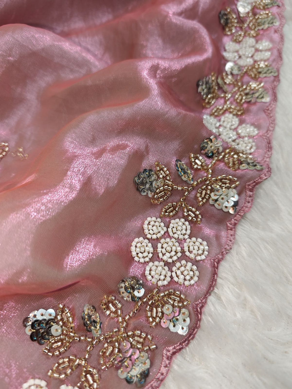 Buy Fandy Satin Silk Fabric Saree With Fancy Handwork (Bids) & Sequence Work With Fancy Bids Work Pallu, Border & Work Blouse