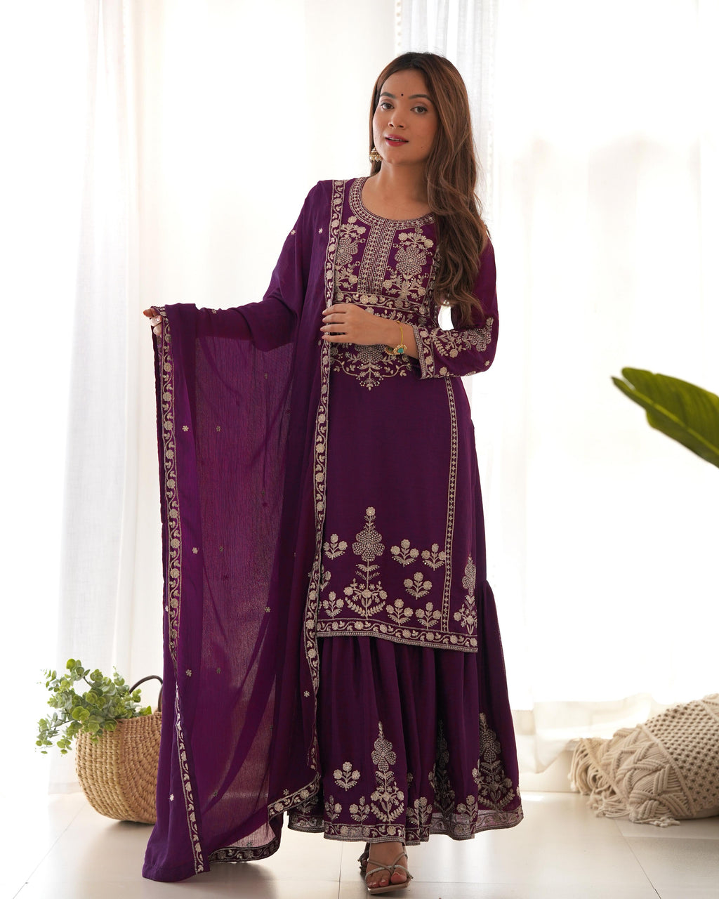PURE CHINNON SILK FABRIC TOP WITH DUPPTA SET SHARARA READY TO WEAR