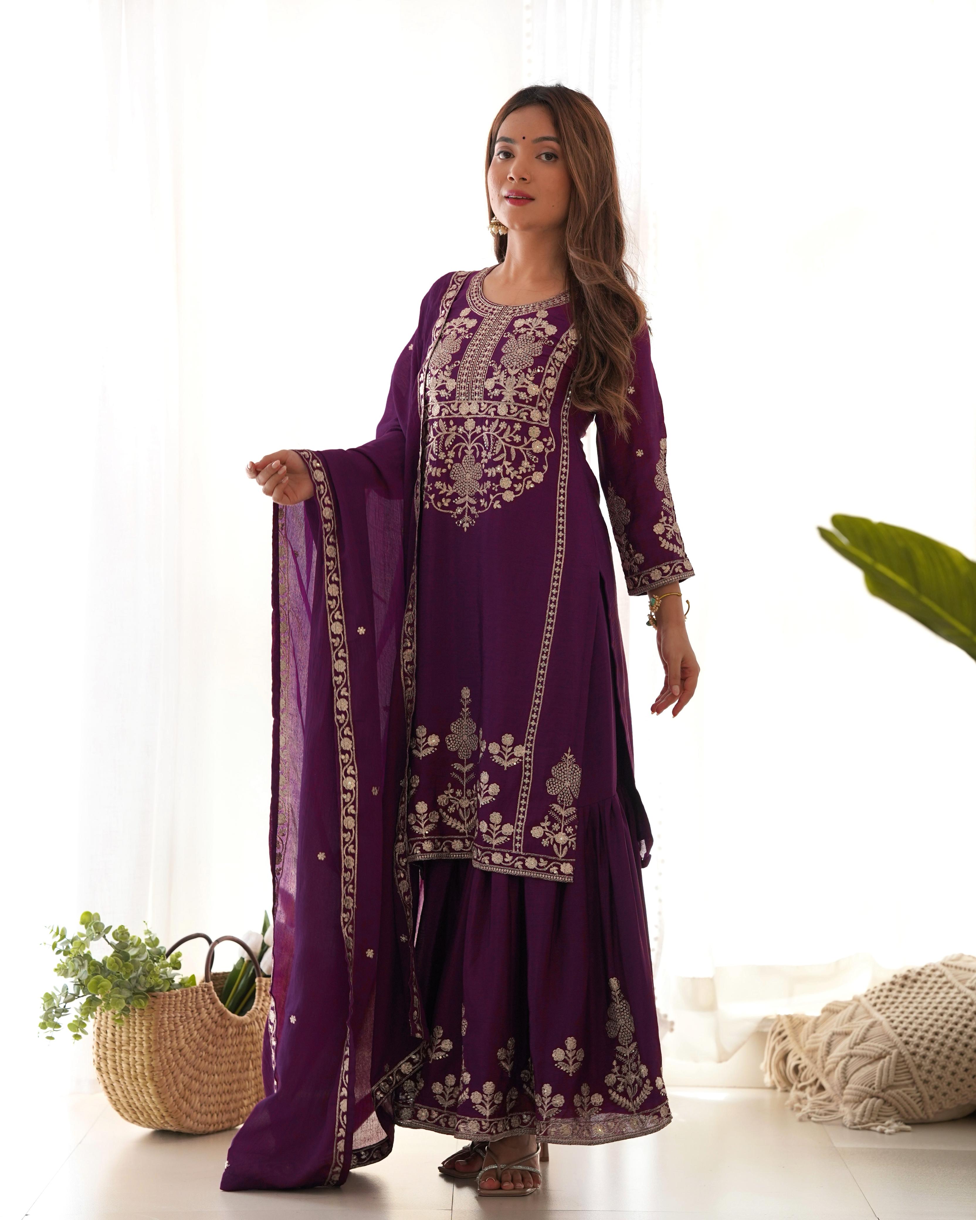 PURE CHINNON SILK FABRIC TOP WITH DUPPTA SET SHARARA READY TO WEAR