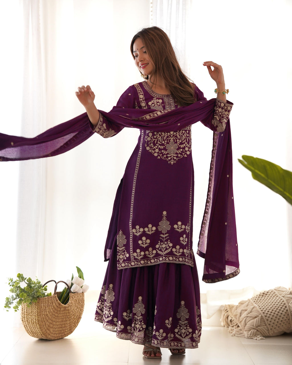 PURE CHINNON SILK FABRIC TOP WITH DUPPTA SET SHARARA READY TO WEAR