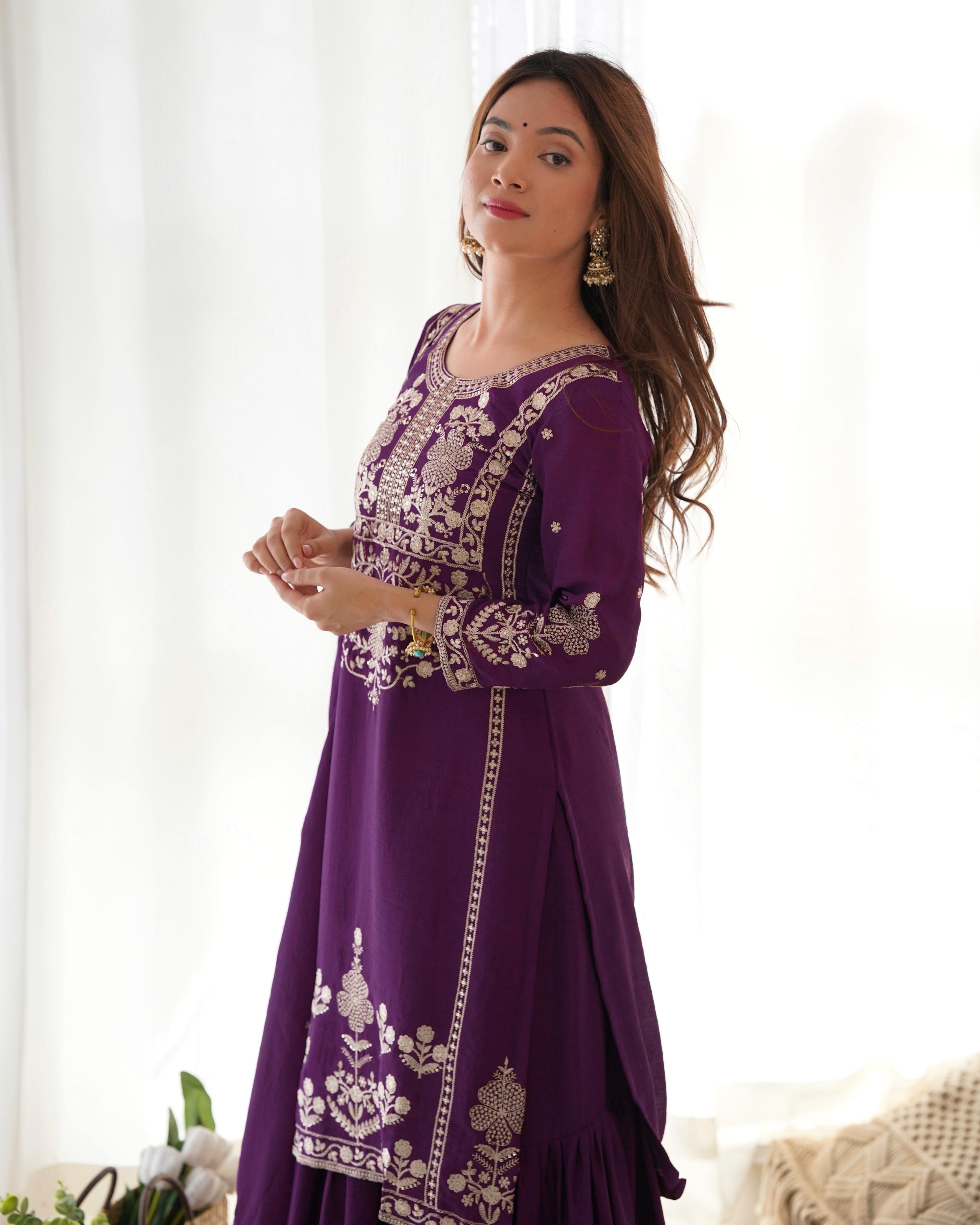 PURE CHINNON SILK FABRIC TOP WITH DUPPTA SET SHARARA READY TO WEAR