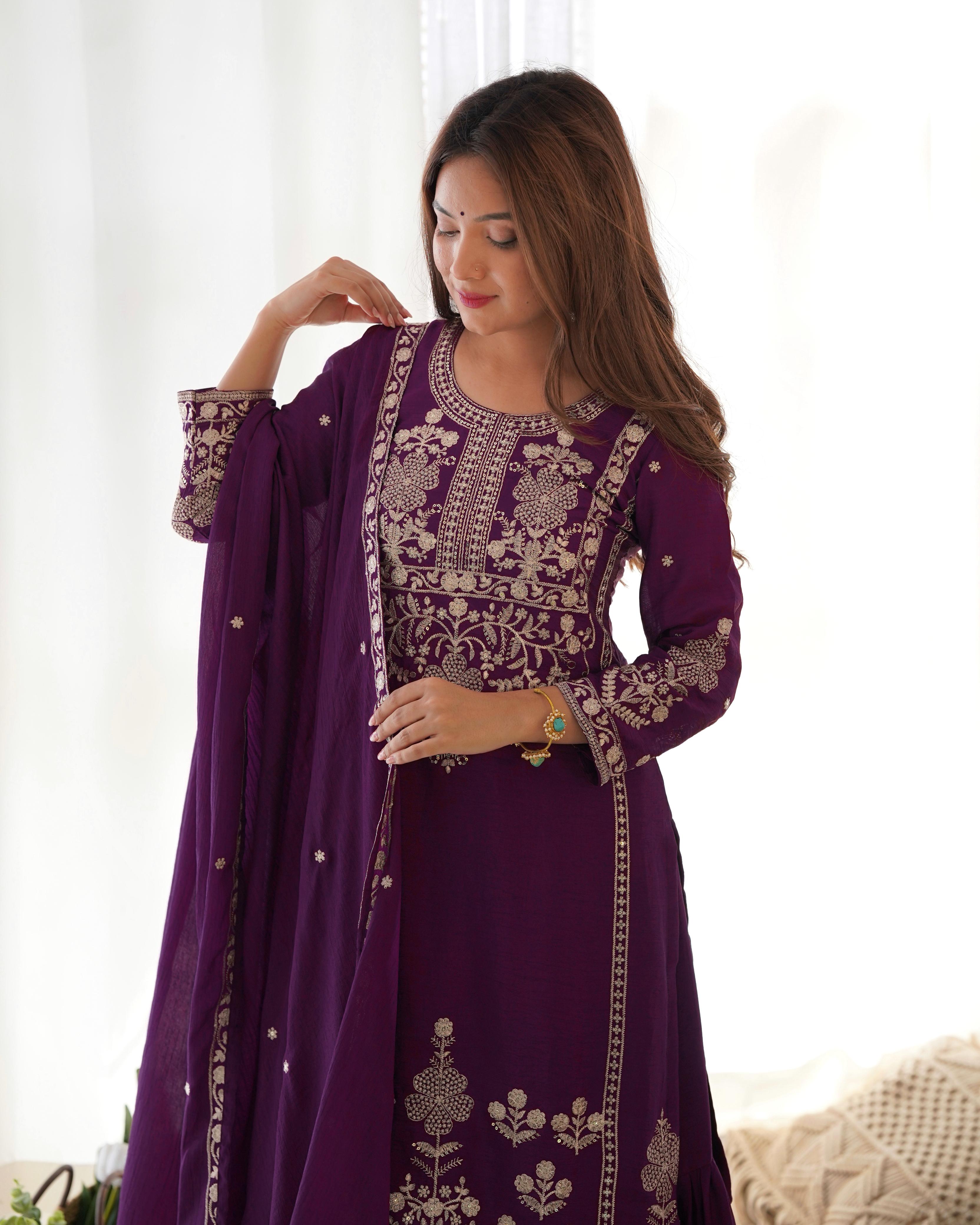 PURE CHINNON SILK FABRIC TOP WITH DUPPTA SET SHARARA READY TO WEAR