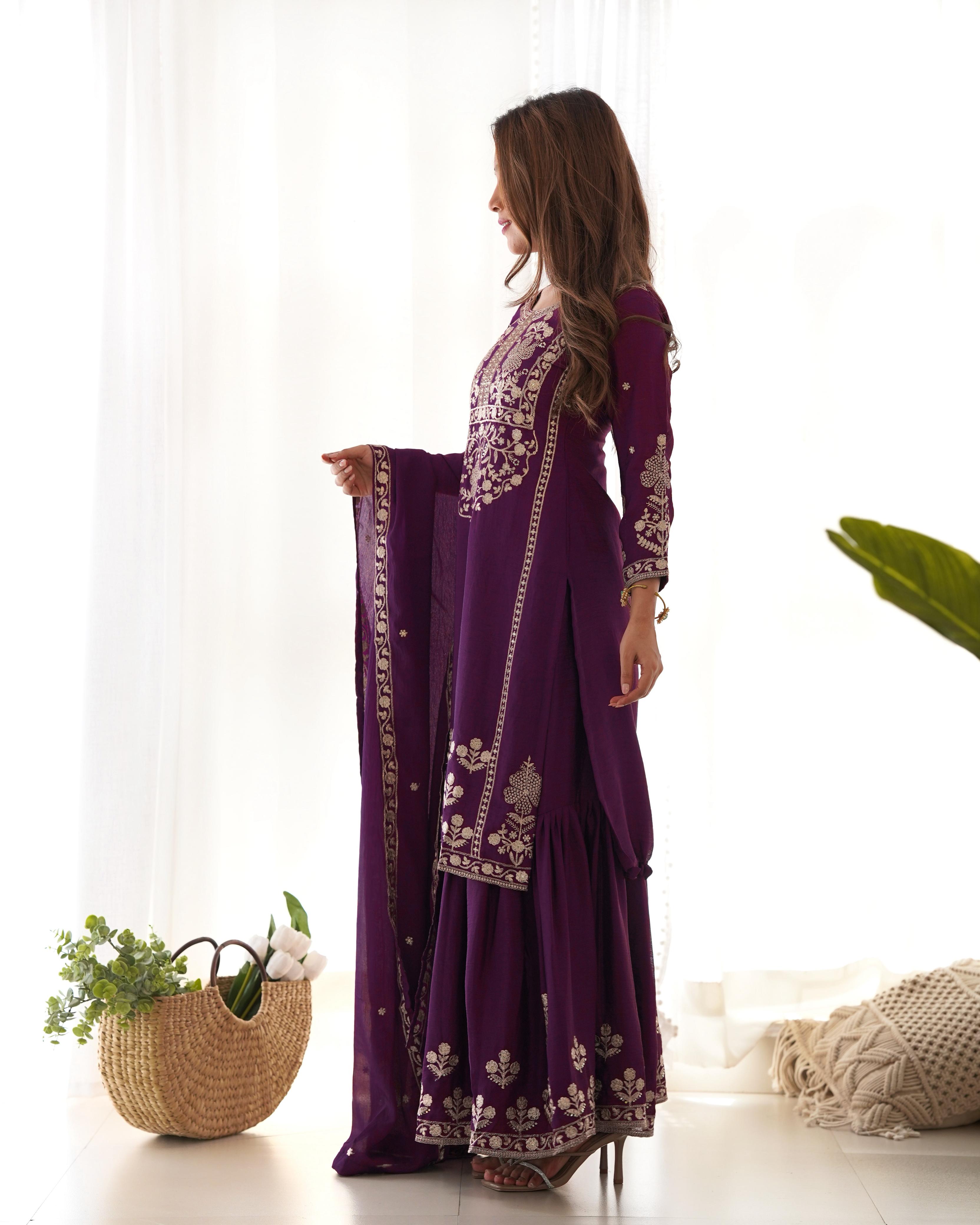 PURE CHINNON SILK FABRIC TOP WITH DUPPTA SET SHARARA READY TO WEAR