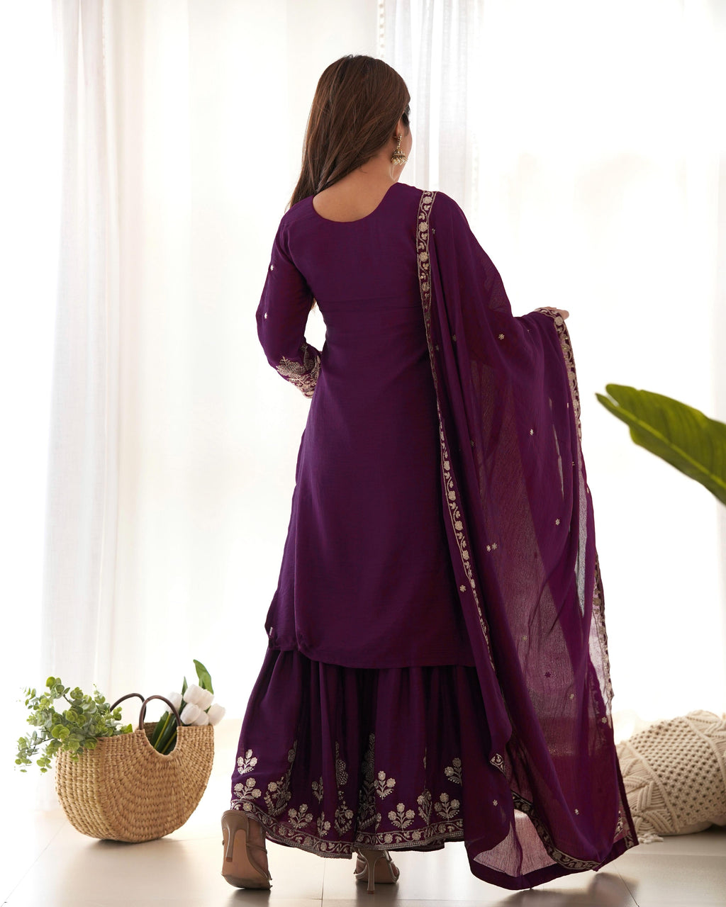 PURE CHINNON SILK FABRIC TOP WITH DUPPTA SET SHARARA READY TO WEAR