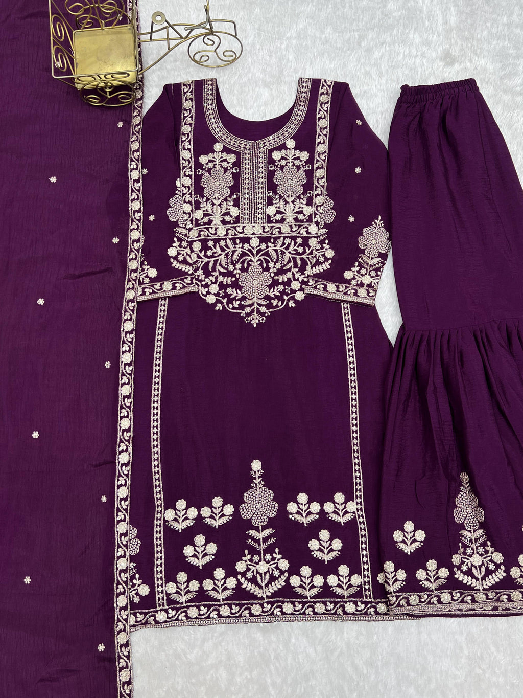 PURE CHINNON SILK FABRIC TOP WITH DUPPTA SET SHARARA READY TO WEAR