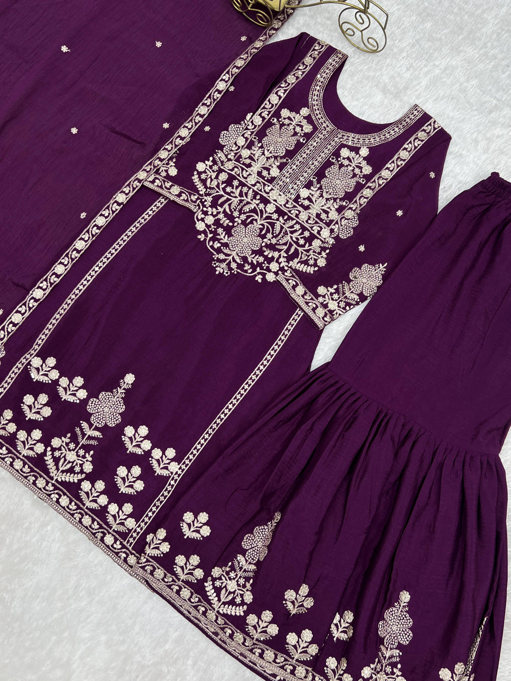 PURE CHINNON SILK FABRIC TOP WITH DUPPTA SET SHARARA READY TO WEAR