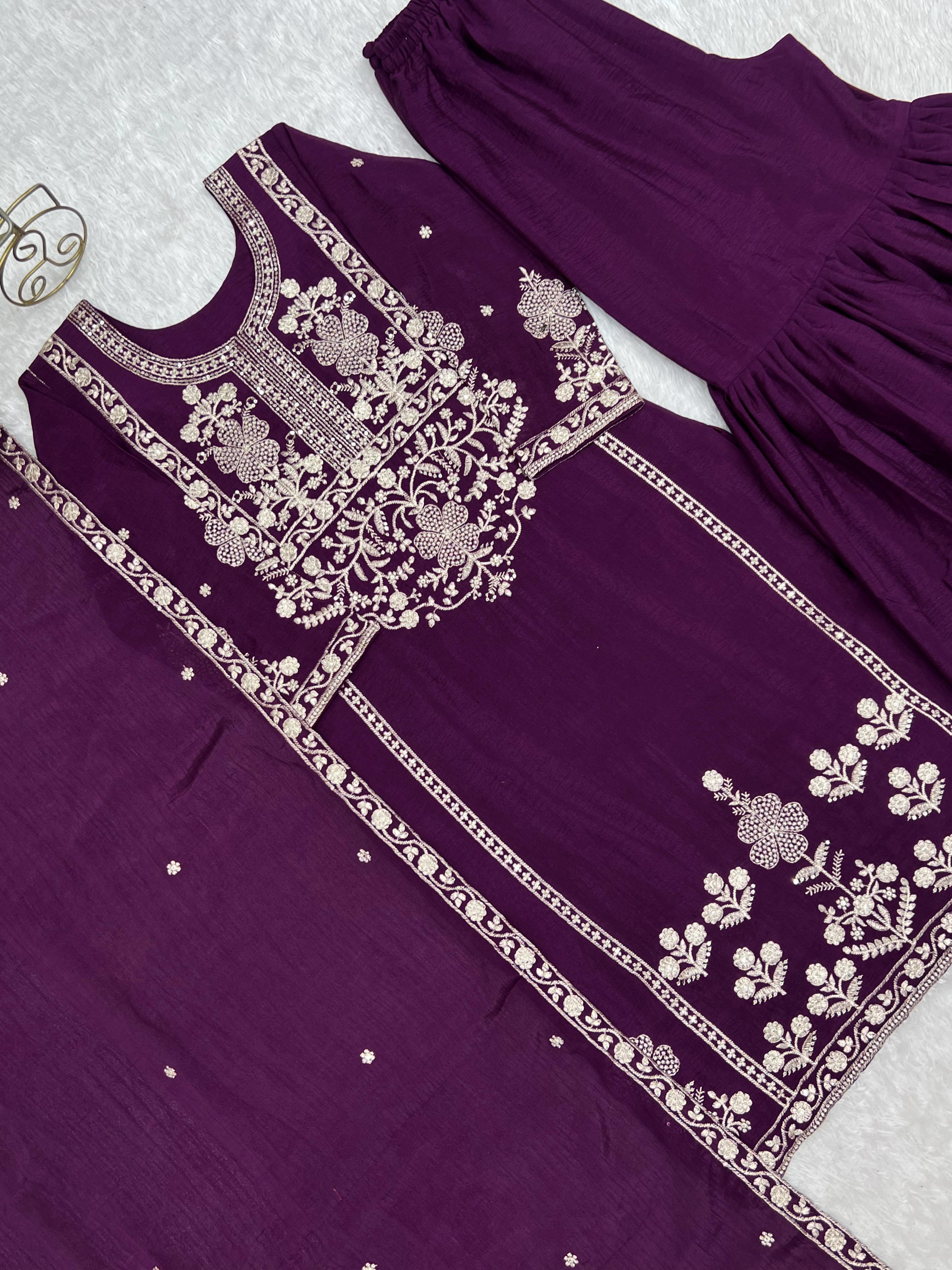 PURE CHINNON SILK FABRIC TOP WITH DUPPTA SET SHARARA READY TO WEAR