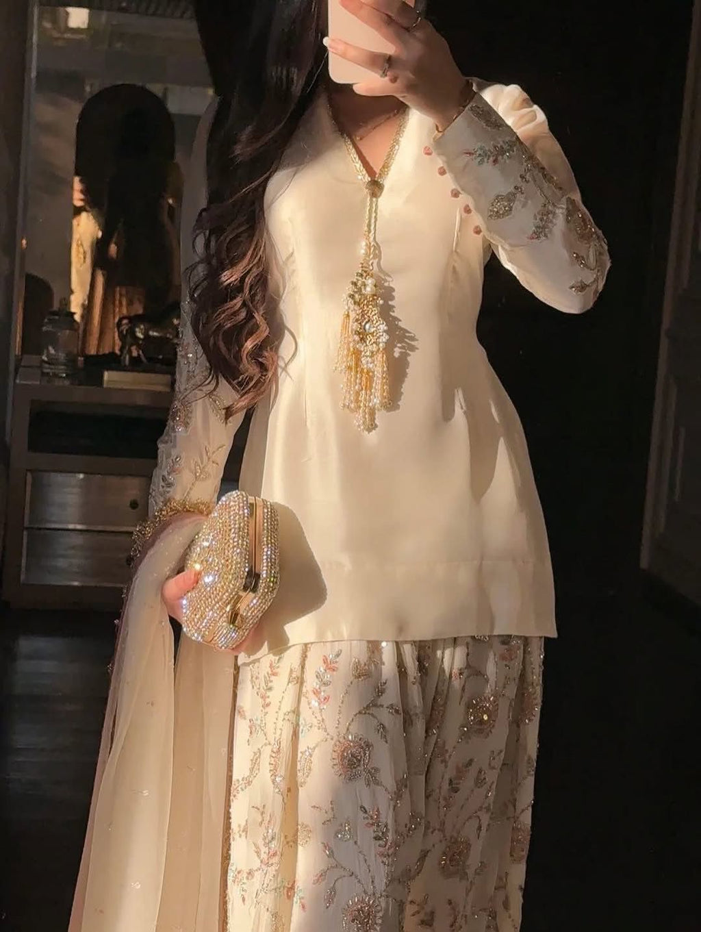 Đěsigner Party Wear Look Pur Glass Satin Top & Farsi Palazzo With Dupatta set