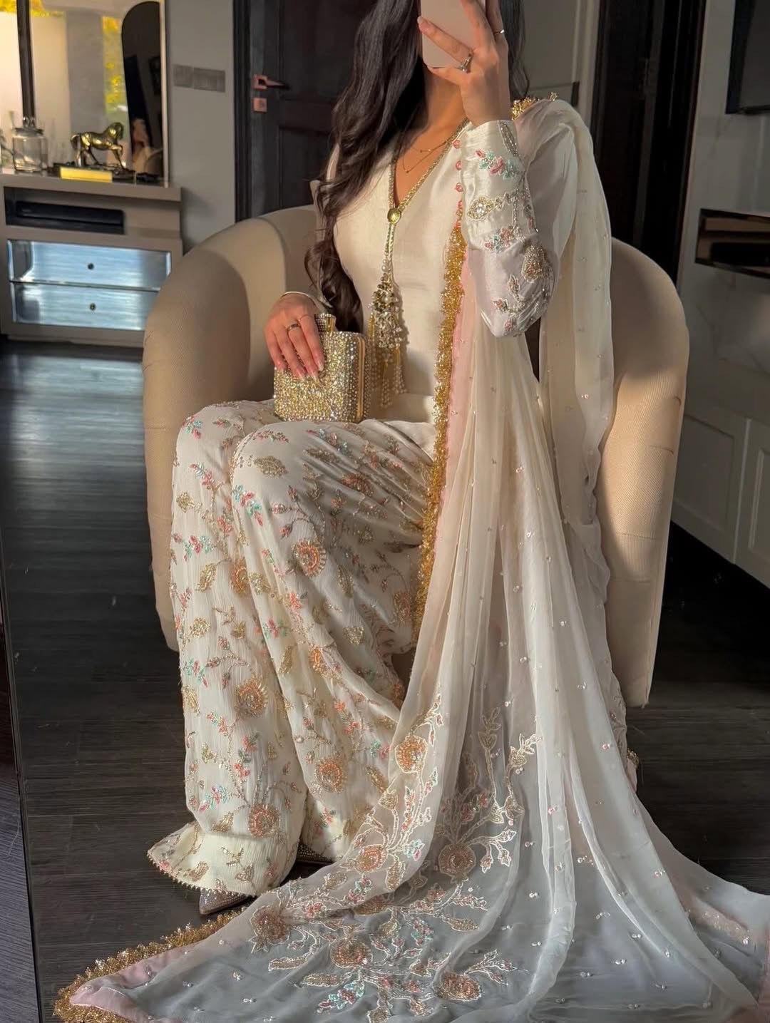 Đěsigner Party Wear Look Pur Glass Satin Top & Farsi Palazzo With Dupatta set
