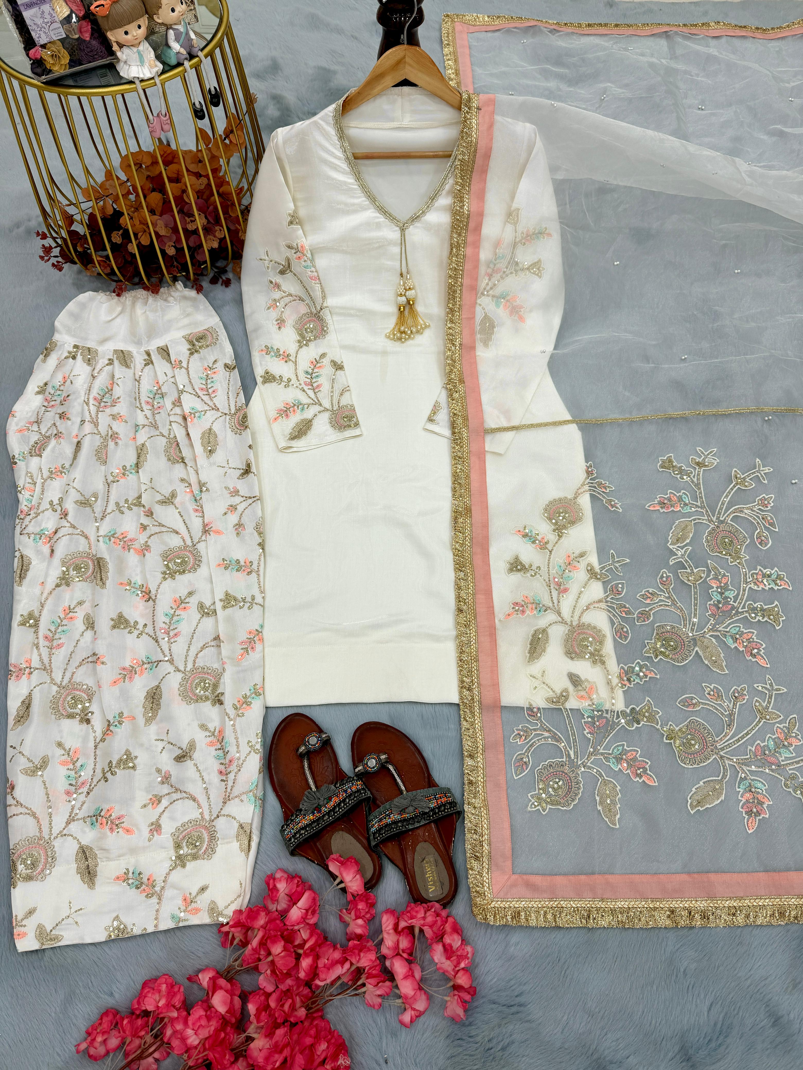Đěsigner Party Wear Look Pur Glass Satin Top & Farsi Palazzo With Dupatta set