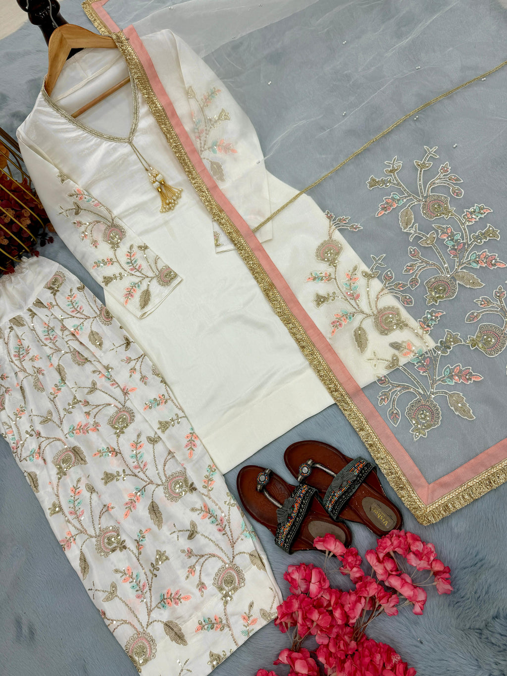 Đěsigner Party Wear Look Pur Glass Satin Top & Farsi Palazzo With Dupatta set