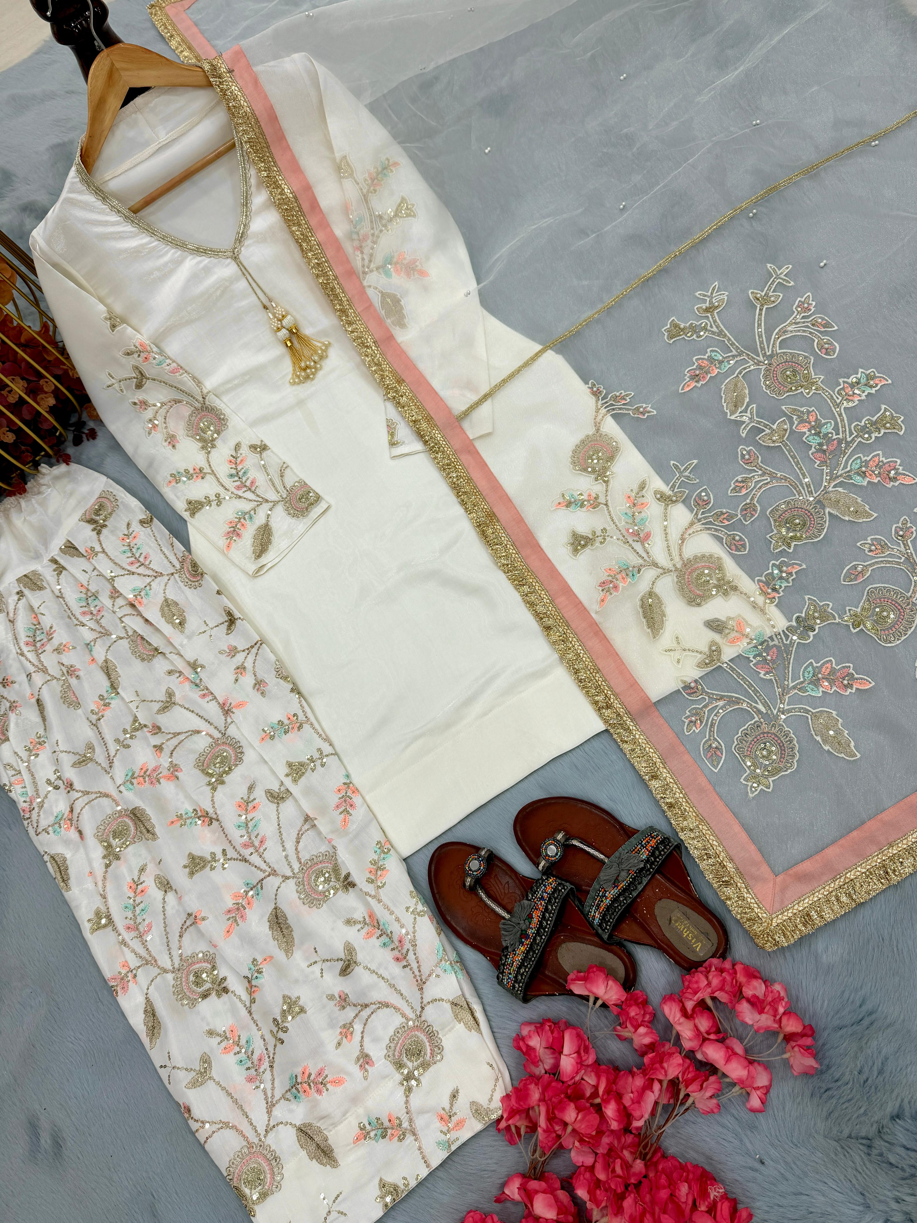 Đěsigner Party Wear Look Pur Glass Satin Top & Farsi Palazzo With Dupatta set