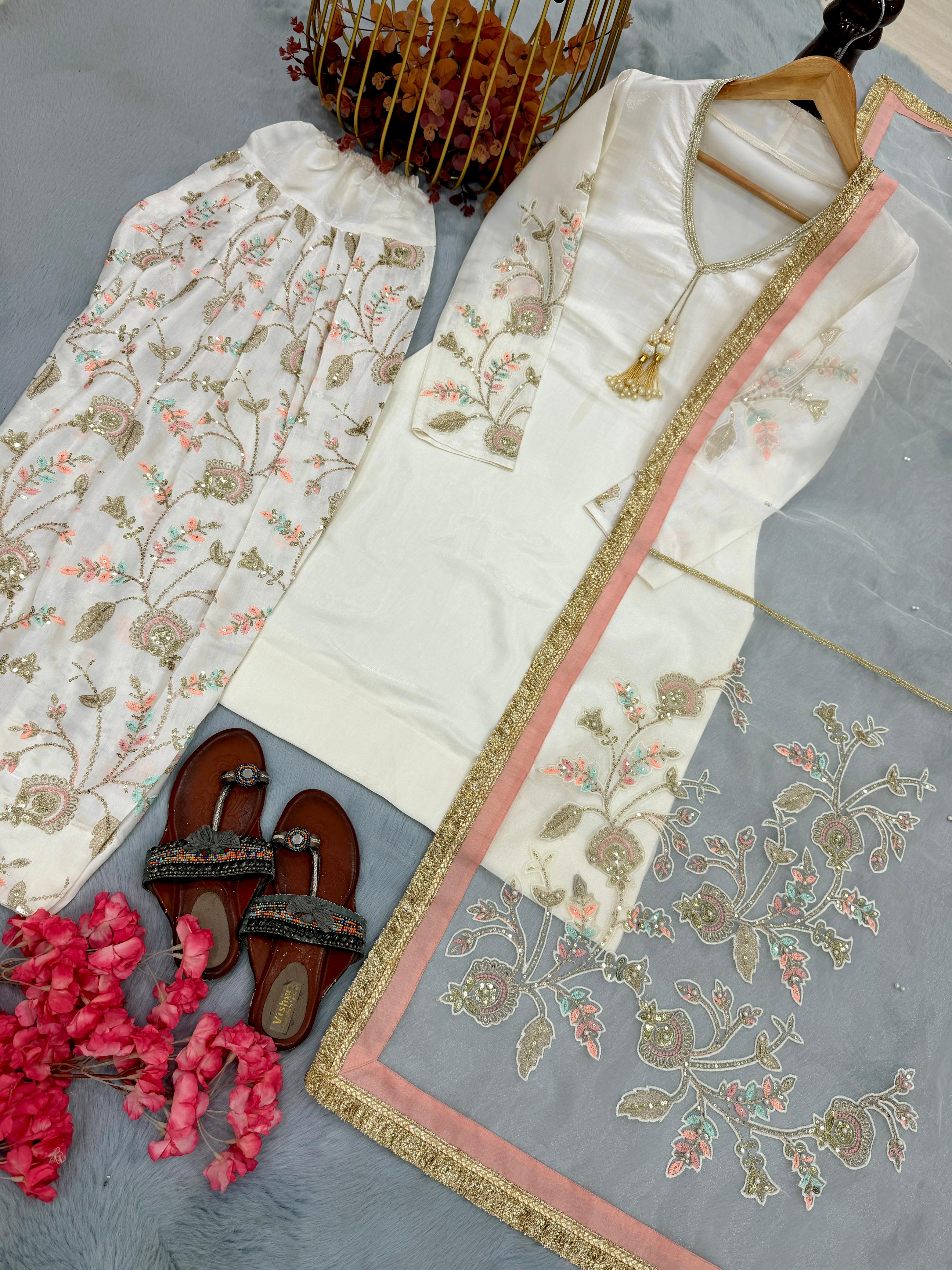 Đěsigner Party Wear Look Pur Glass Satin Top & Farsi Palazzo With Dupatta set