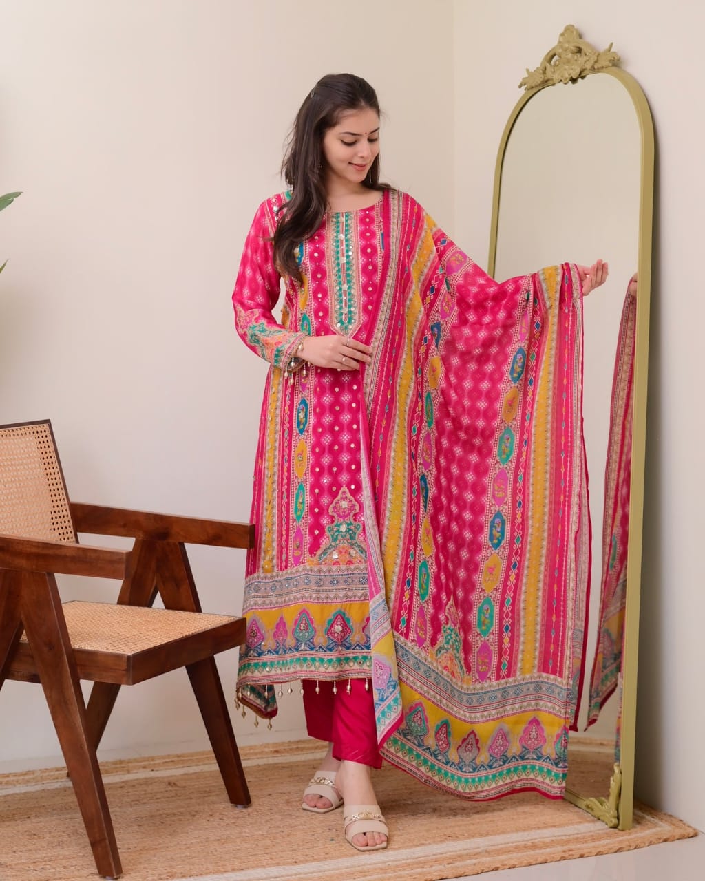 TOP WITH PRINTED WORK WITH MIROR WORK WITH PLAZZO AND DUPATTA