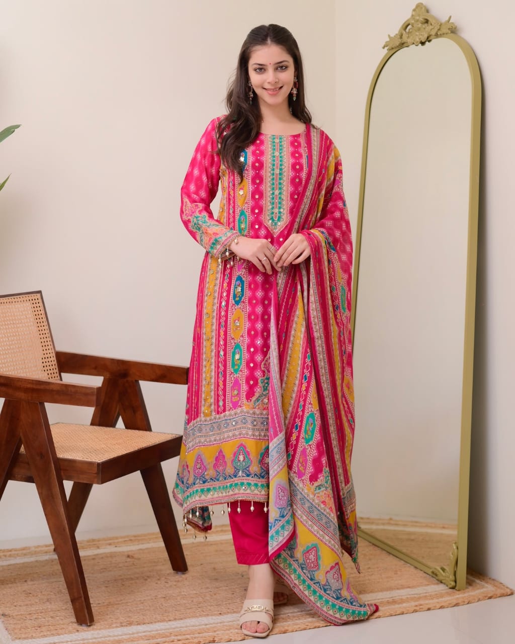 TOP WITH PRINTED WORK WITH MIROR WORK WITH PLAZZO AND DUPATTA