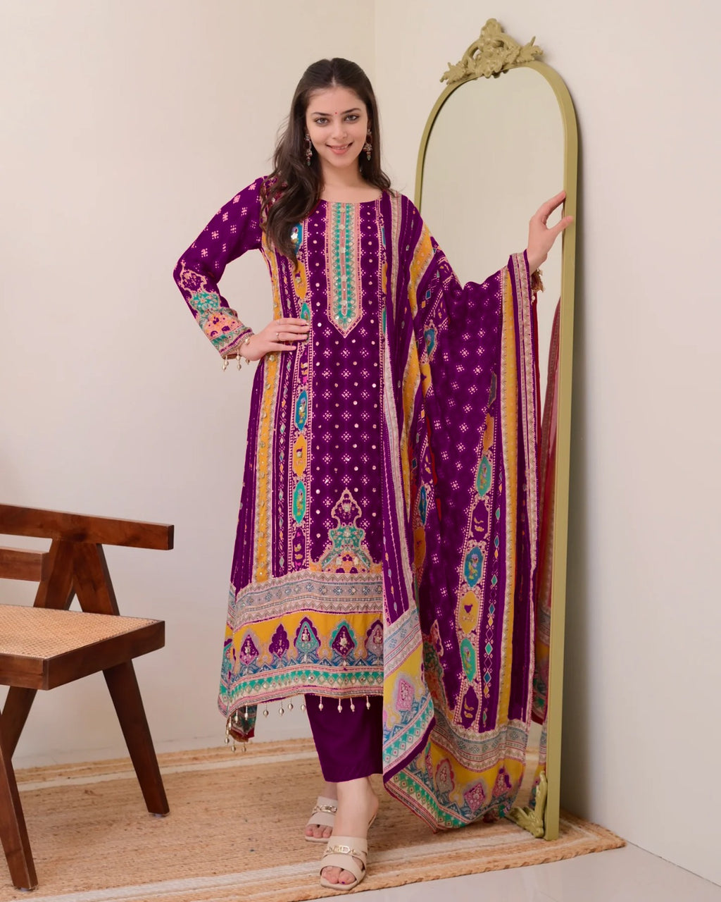 TOP WITH PRINTED WORK WITH MIROR WORK WITH PLAZZO AND DUPATTA