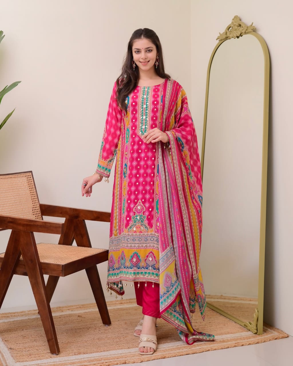 TOP WITH PRINTED WORK WITH MIROR WORK WITH PLAZZO AND DUPATTA