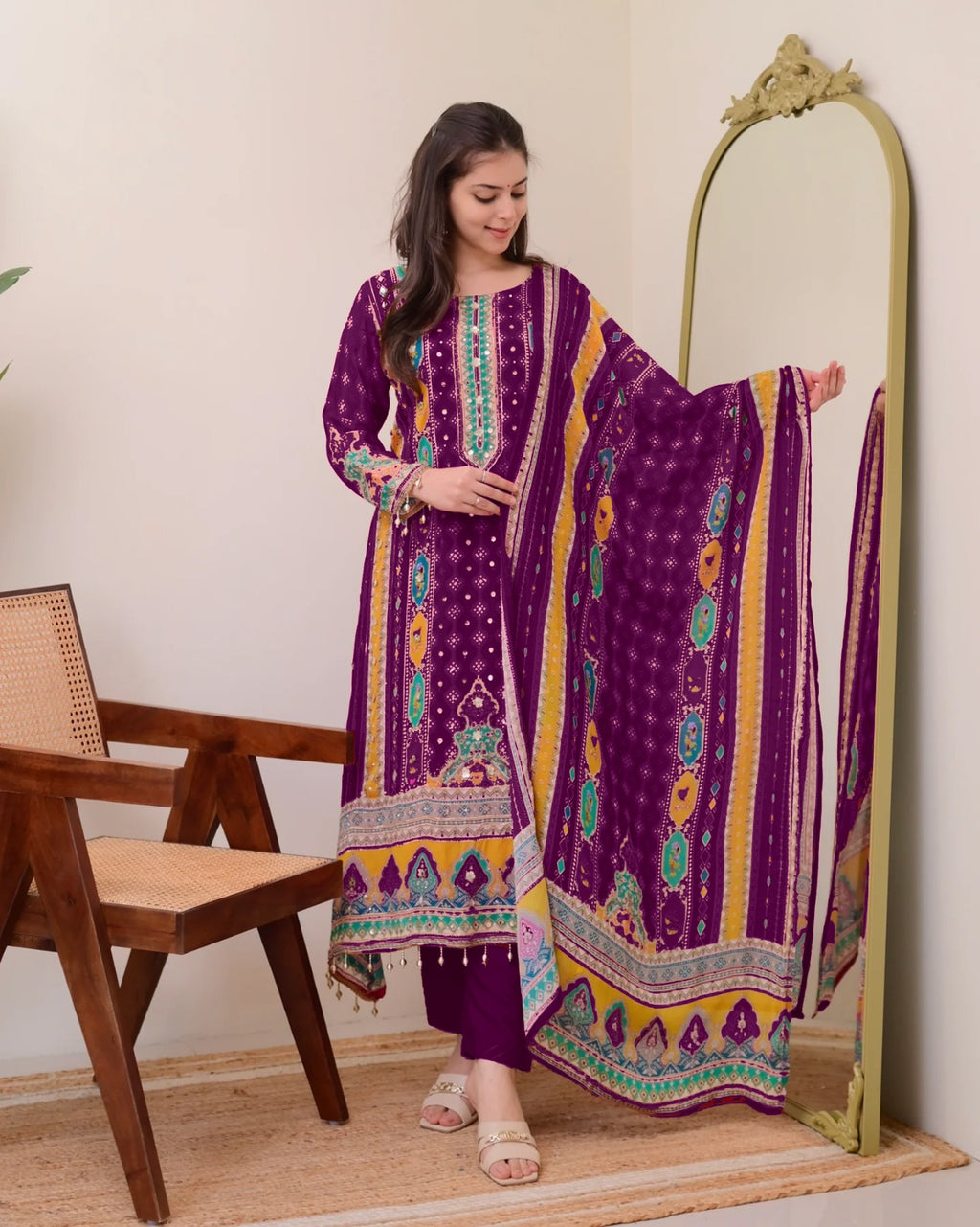 TOP WITH PRINTED WORK WITH MIROR WORK WITH PLAZZO AND DUPATTA