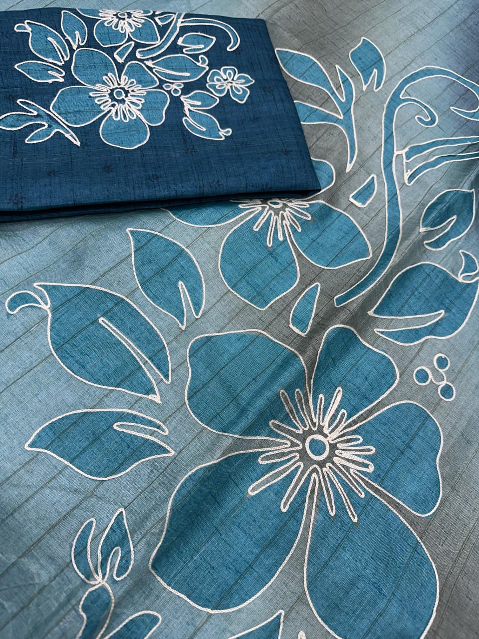 Linen Cotton Coorg Saree with Kantha Hand-Position Work