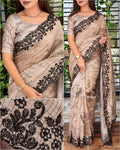 Digital print, Black sequins, Embroidered work creates a tapestry of elegance, This piece of Glass organza saree