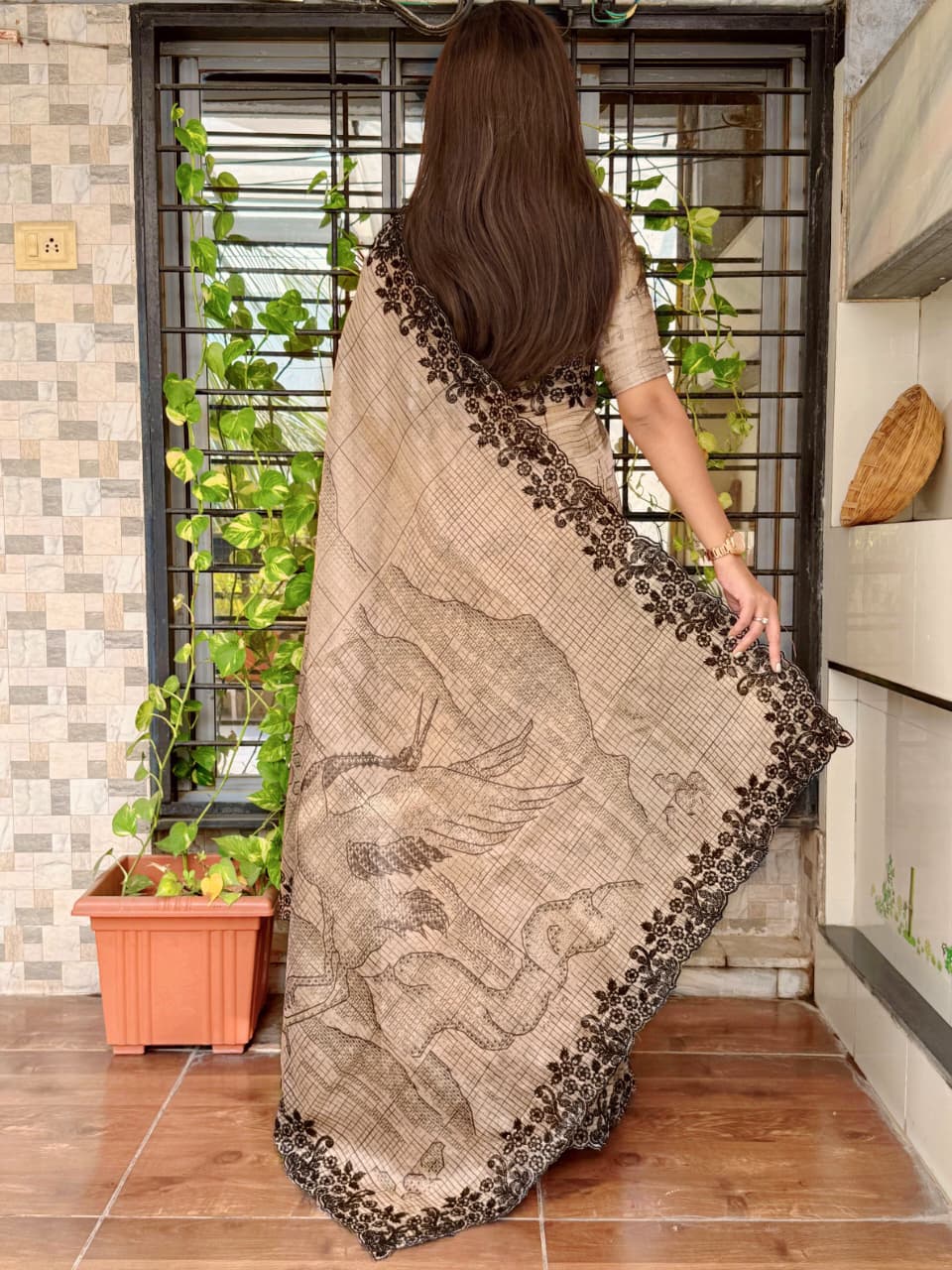 Digital print, Black sequins, Embroidered work creates a tapestry of elegance, This piece of Glass organza saree