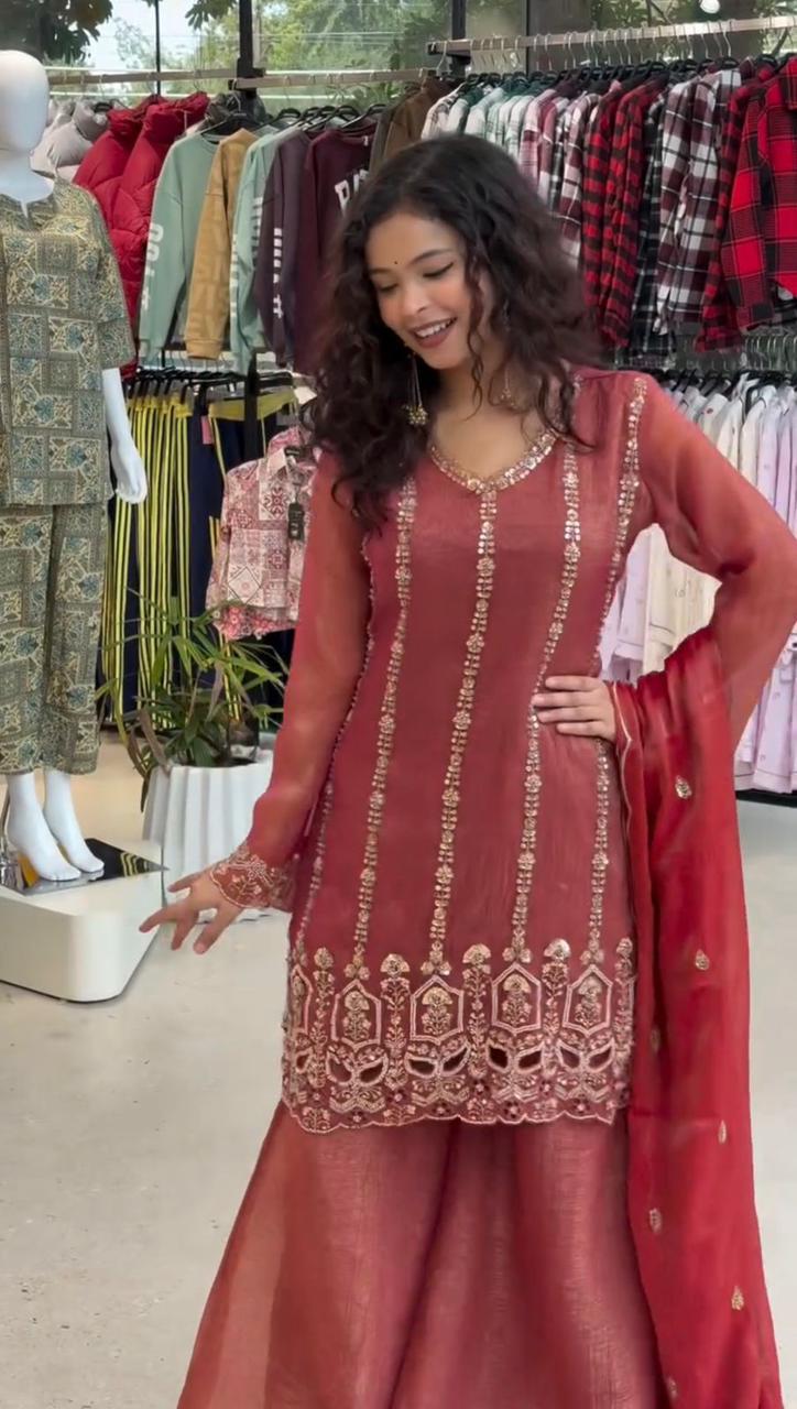 PERFECT FOR PARTY AND WEDDING DESIGNER BEADS AND SEQUENCE EMBROIDERED TOP PLAZZO AND DUPATTA ❤️