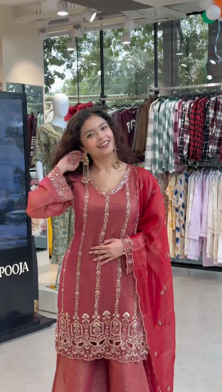 PERFECT FOR PARTY AND WEDDING DESIGNER BEADS AND SEQUENCE EMBROIDERED TOP PLAZZO AND DUPATTA ❤️