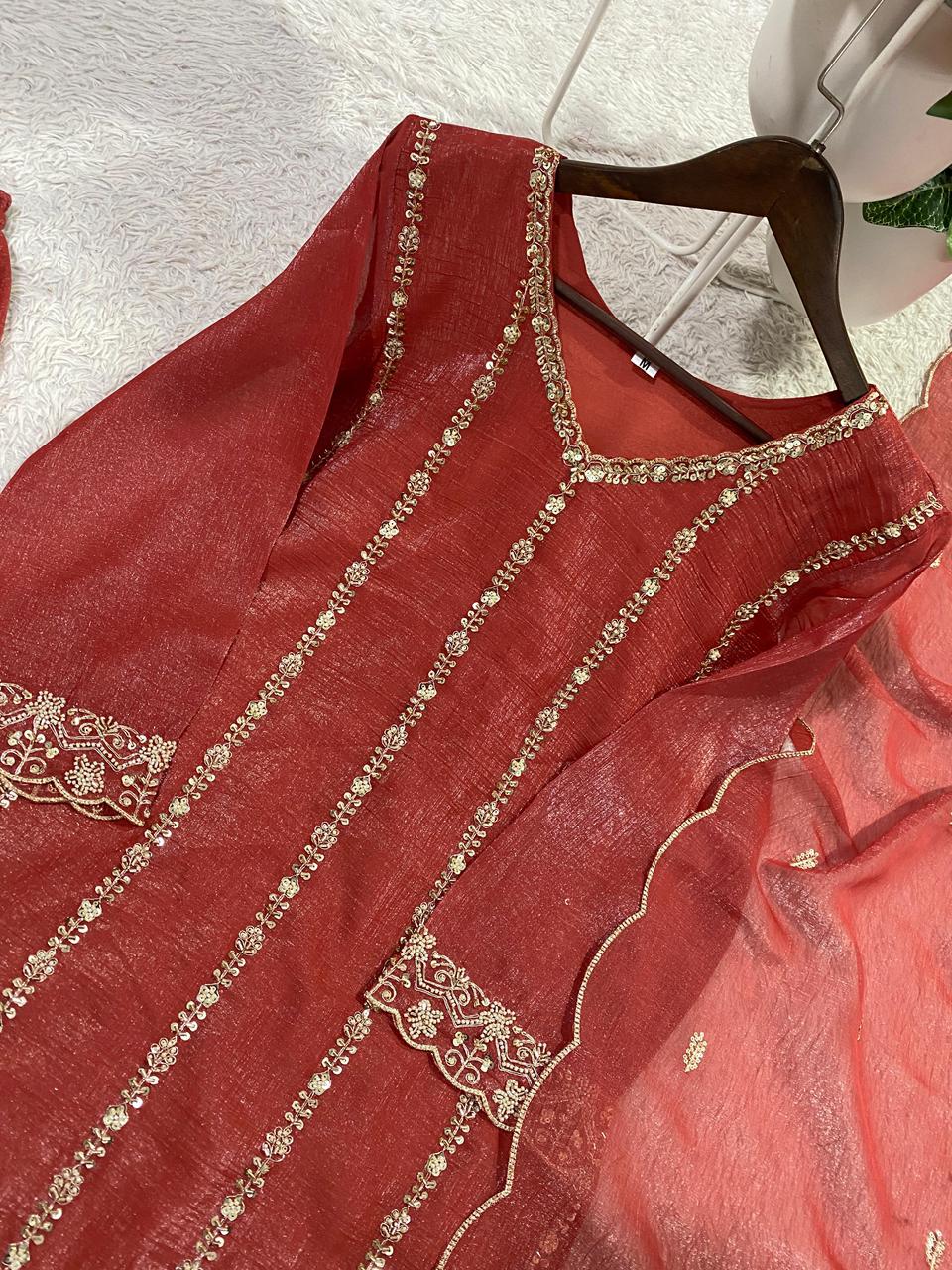 PERFECT FOR PARTY AND WEDDING DESIGNER BEADS AND SEQUENCE EMBROIDERED TOP PLAZZO AND DUPATTA ❤️