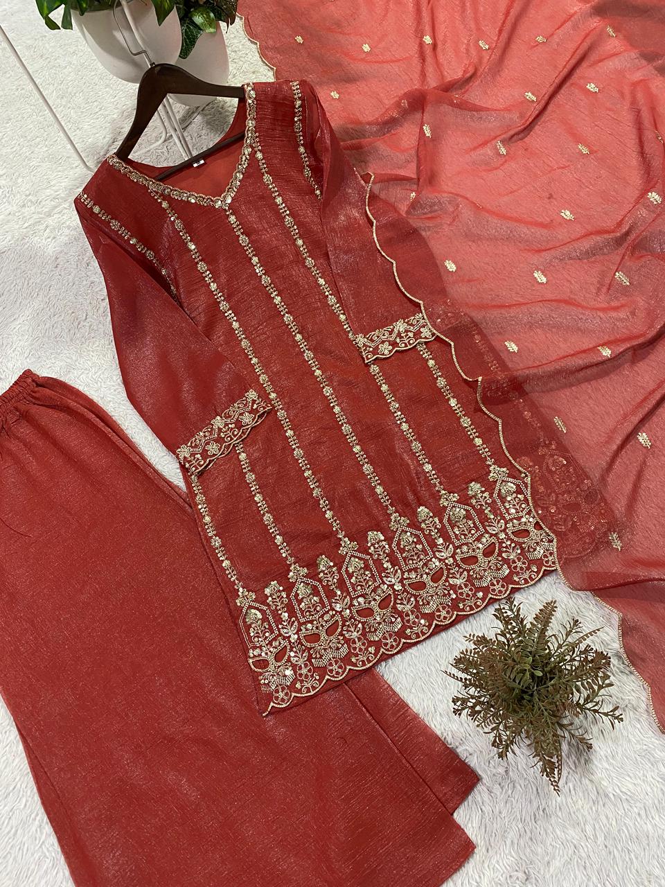 PERFECT FOR PARTY AND WEDDING DESIGNER BEADS AND SEQUENCE EMBROIDERED TOP PLAZZO AND DUPATTA ❤️