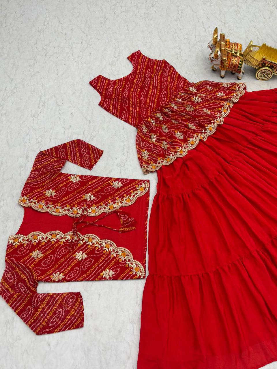 Embroidered Bandhani Chinnon Lehenga Crop Top Set with Ethnic Jacket (For Size Details See Description)