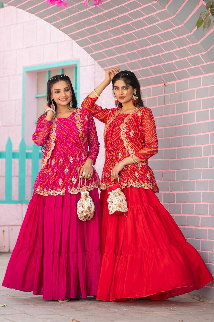 Embroidered Bandhani Chinnon Lehenga Crop Top Set with Ethnic Jacket (For Size Details See Description)