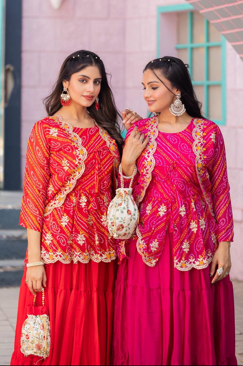 Embroidered Bandhani Chinnon Lehenga Crop Top Set with Ethnic Jacket (For Size Details See Description)