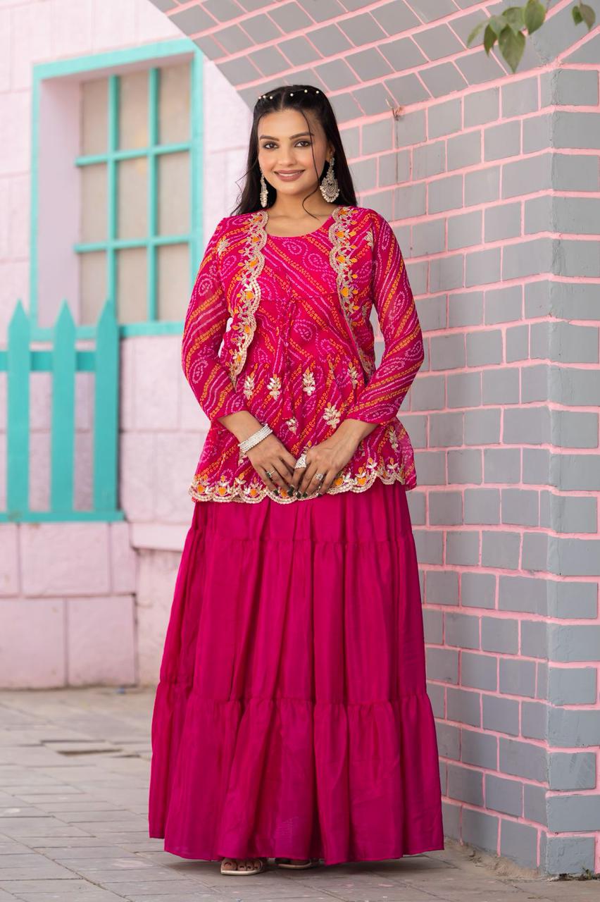 Embroidered Bandhani Chinnon Lehenga Crop Top Set with Ethnic Jacket (For Size Details See Description)