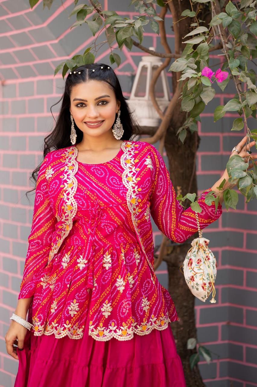 Embroidered Bandhani Chinnon Lehenga Crop Top Set with Ethnic Jacket (For Size Details See Description)