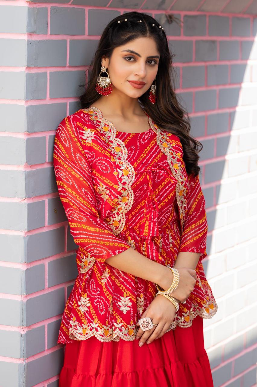 Embroidered Bandhani Chinnon Lehenga Crop Top Set with Ethnic Jacket (For Size Details See Description)