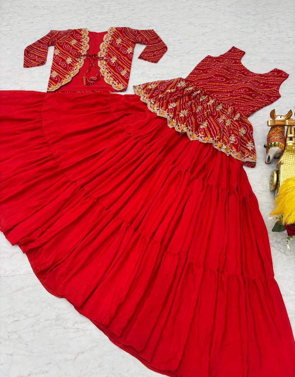 Embroidered Bandhani Chinnon Lehenga Crop Top Set with Ethnic Jacket (For Size Details See Description)