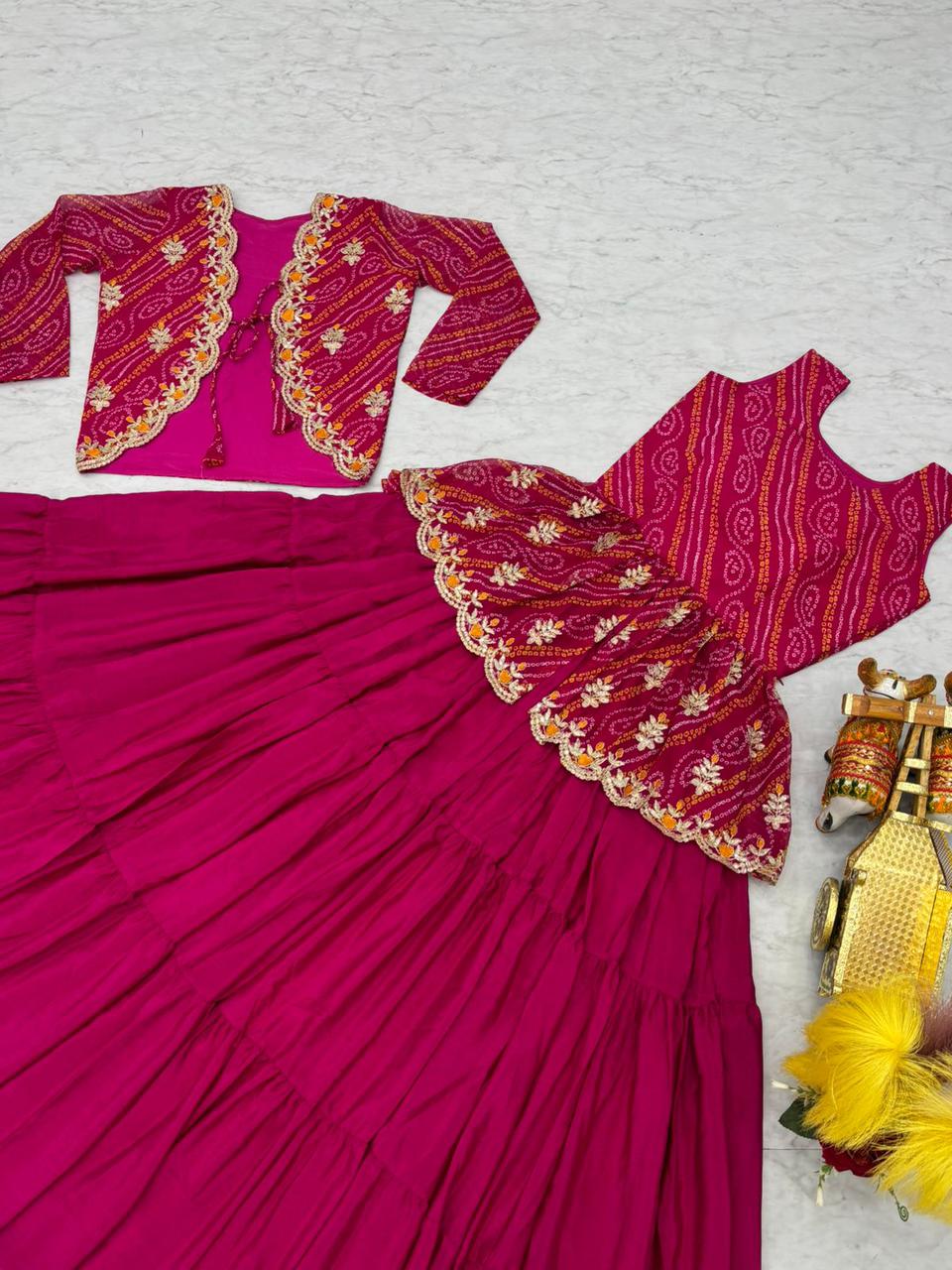 Embroidered Bandhani Chinnon Lehenga Crop Top Set with Ethnic Jacket (For Size Details See Description)