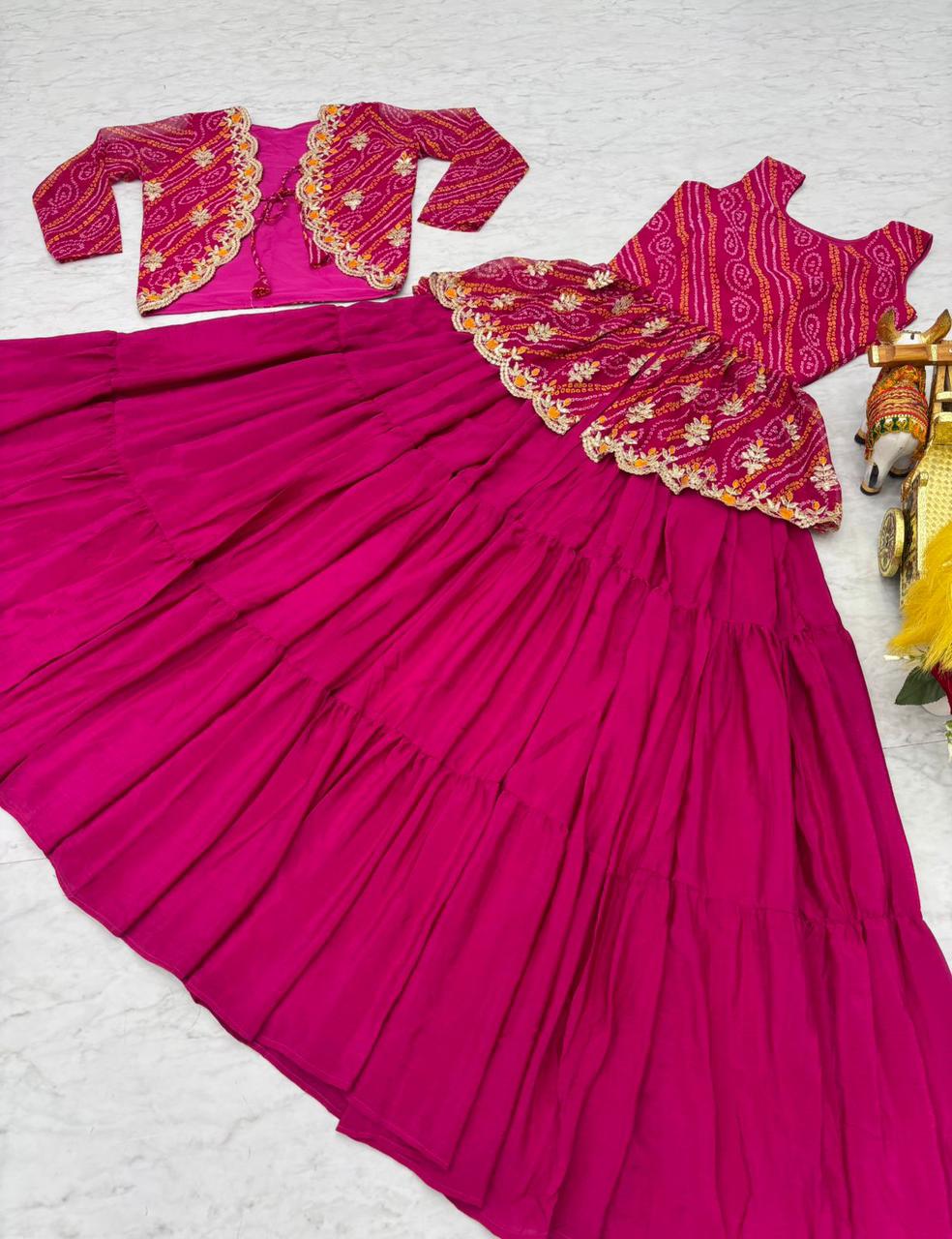 Embroidered Bandhani Chinnon Lehenga Crop Top Set with Ethnic Jacket (For Size Details See Description)
