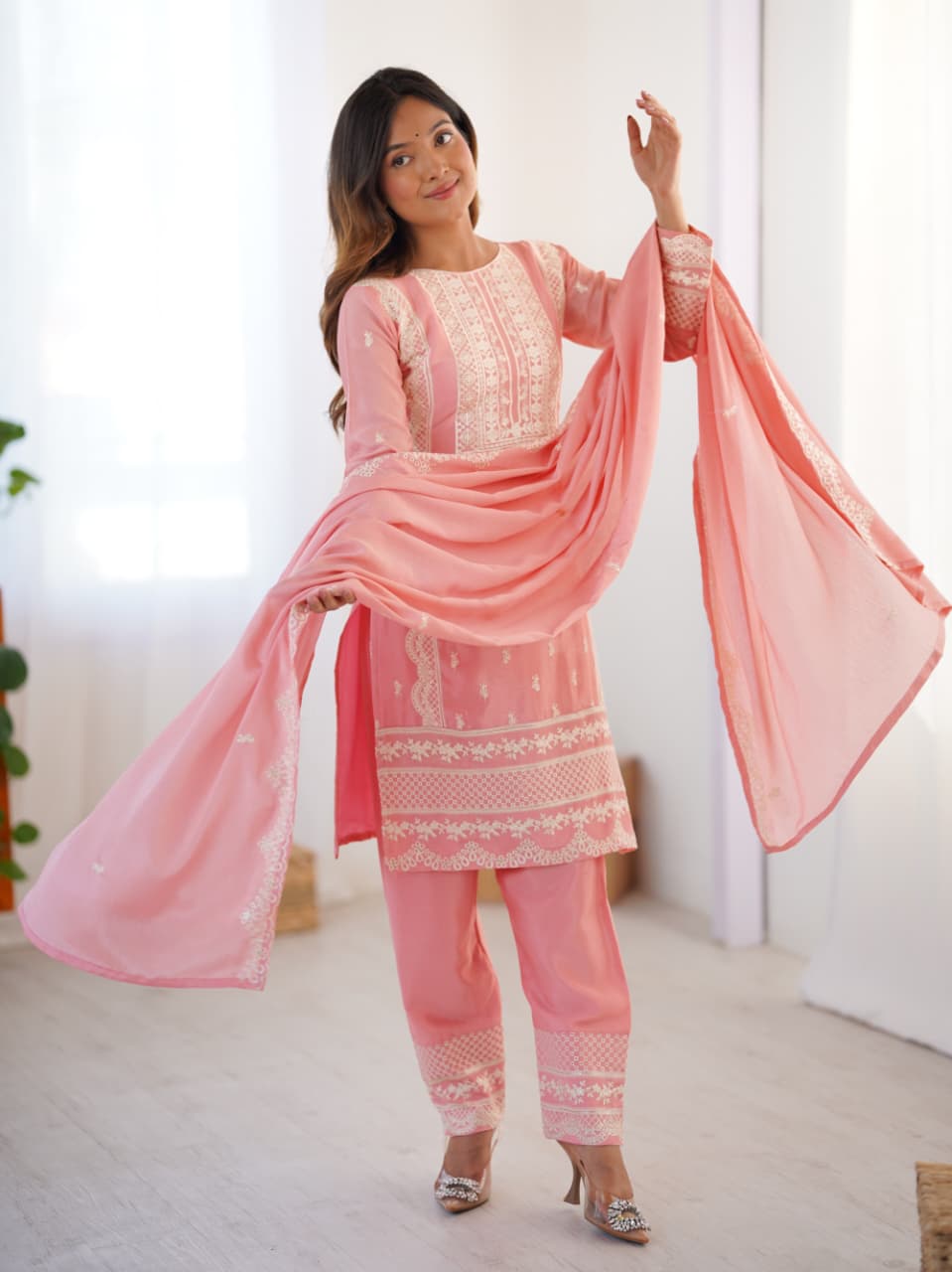 Top-Pant & Dupatta set features sequined embroidery work & fits S to 3XL. Capturing real moments,  effortless charm & unfiltered beauty ✨