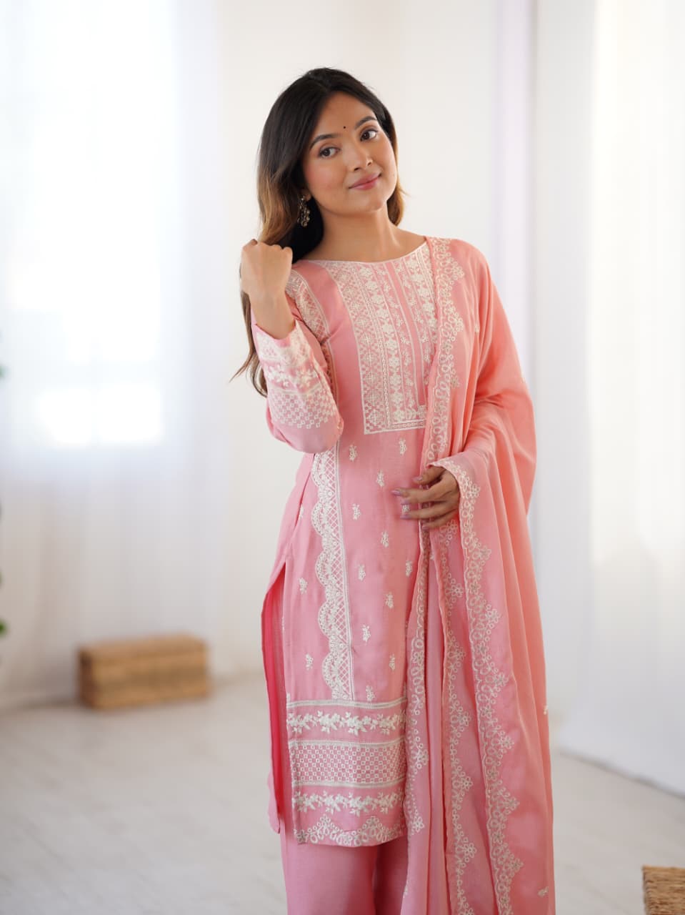 Top-Pant & Dupatta set features sequined embroidery work & fits S to 3XL. Capturing real moments,  effortless charm & unfiltered beauty ✨