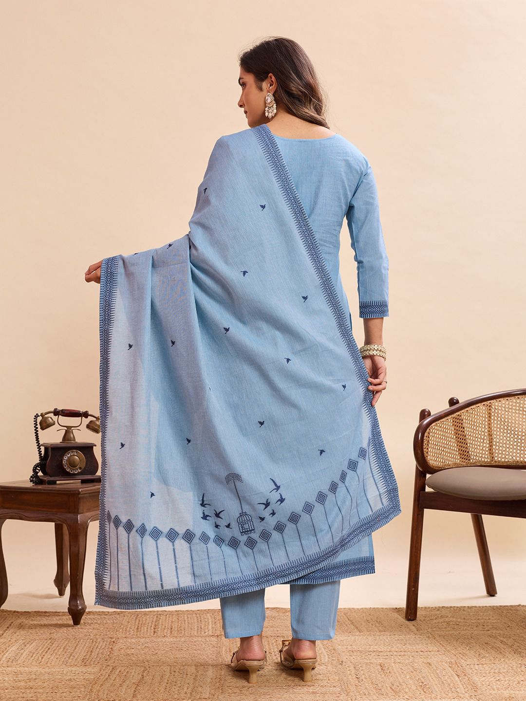 Sky Blue Embroidered Cotton Kurta Pant Set with Bird Motif Dupatta