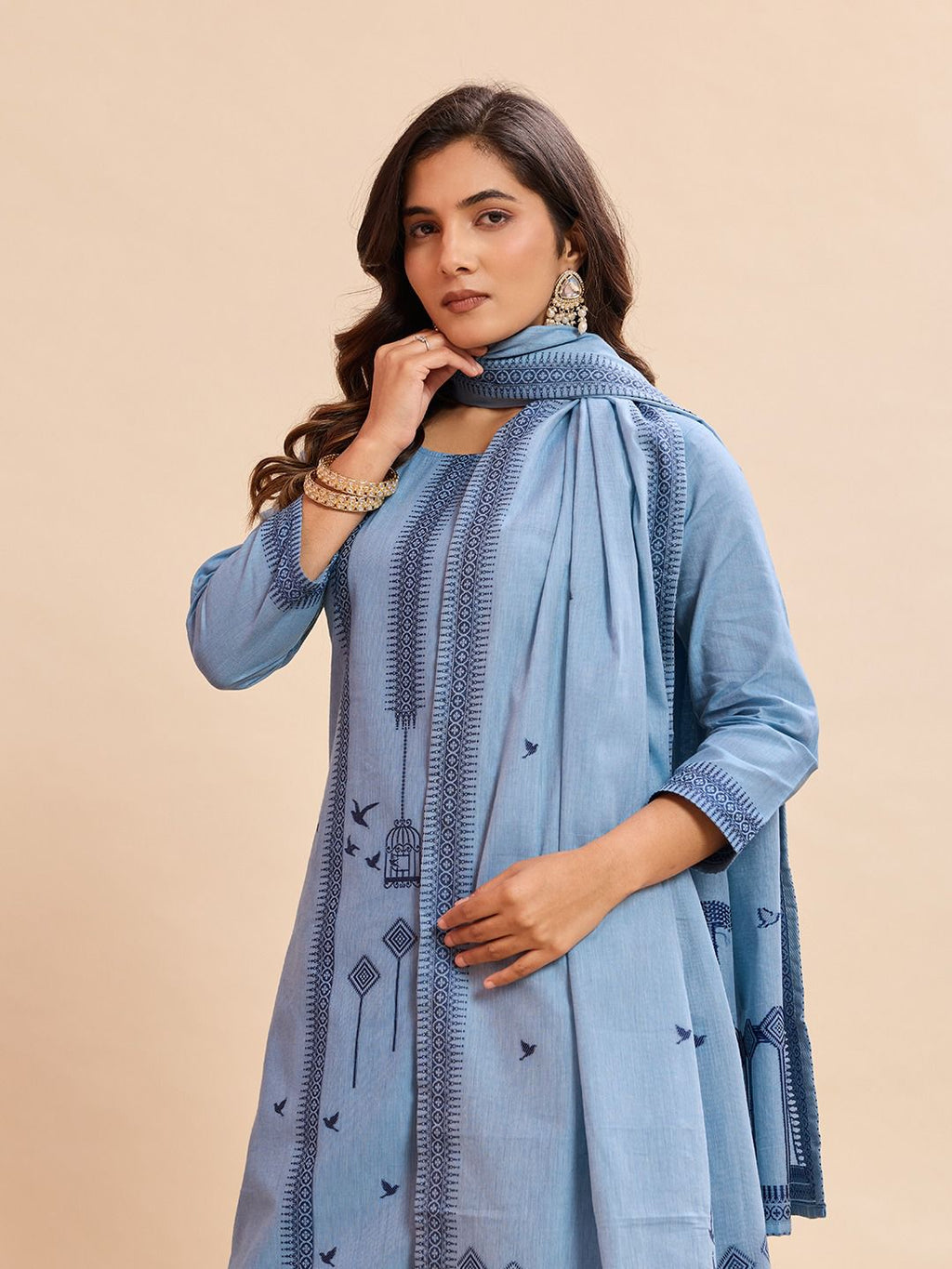 Sky Blue Embroidered Cotton Kurta Pant Set with Bird Motif Dupatta