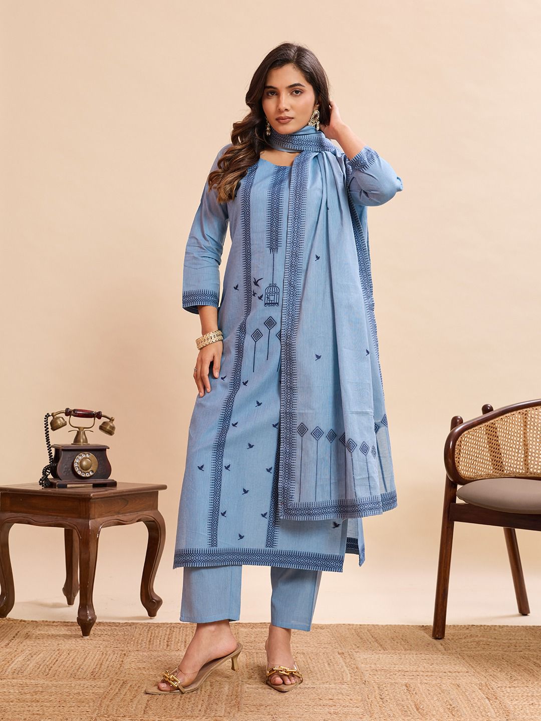 Sky Blue Embroidered Cotton Kurta Pant Set with Bird Motif Dupatta