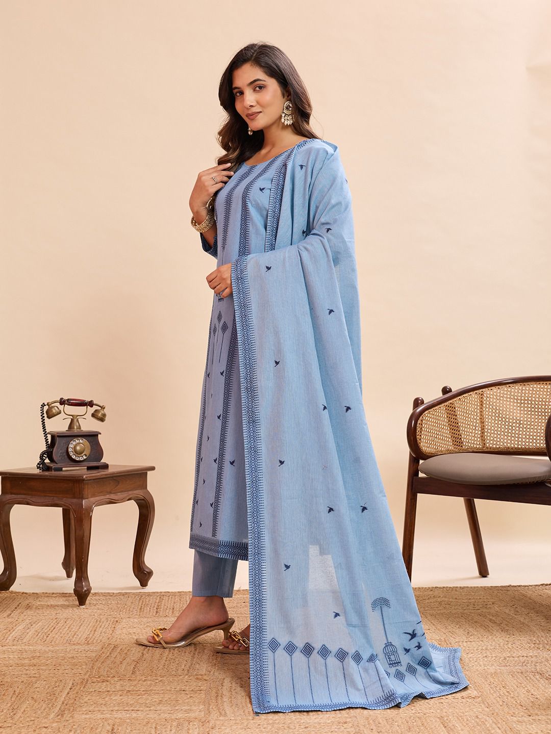 Sky Blue Embroidered Cotton Kurta Pant Set with Bird Motif Dupatta