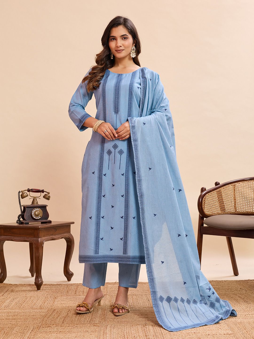 Sky Blue Embroidered Cotton Kurta Pant Set with Bird Motif Dupatta
