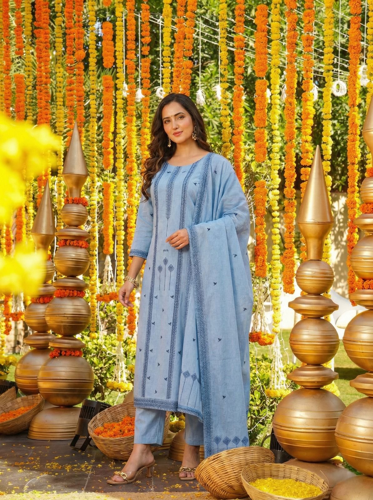 Sky Blue Embroidered Cotton Kurta Pant Set with Bird Motif Dupatta