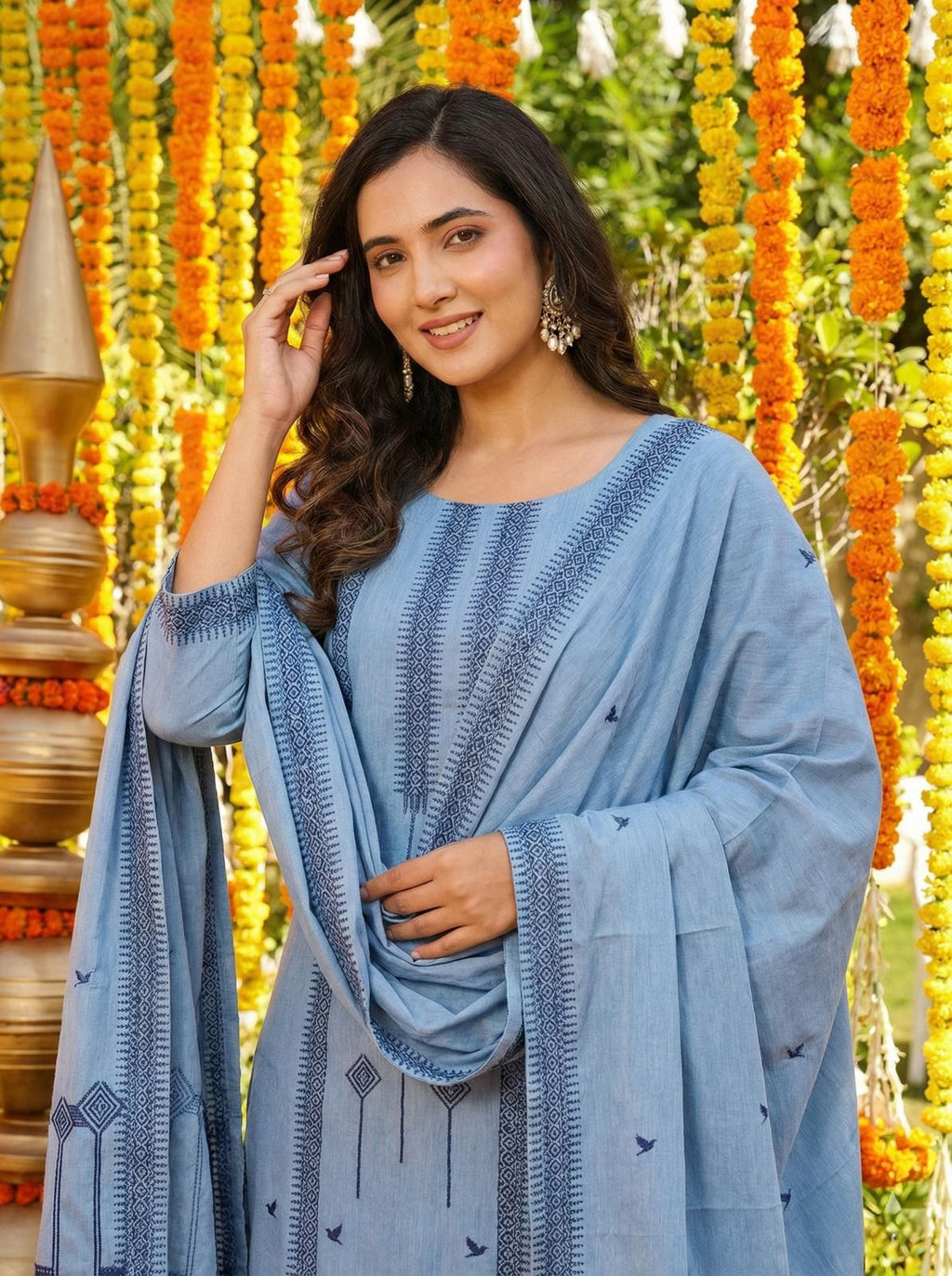 Sky Blue Embroidered Cotton Kurta Pant Set with Bird Motif Dupatta