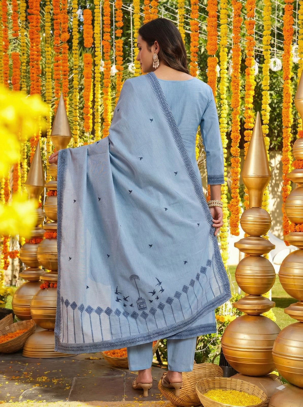 Sky Blue Embroidered Cotton Kurta Pant Set with Bird Motif Dupatta