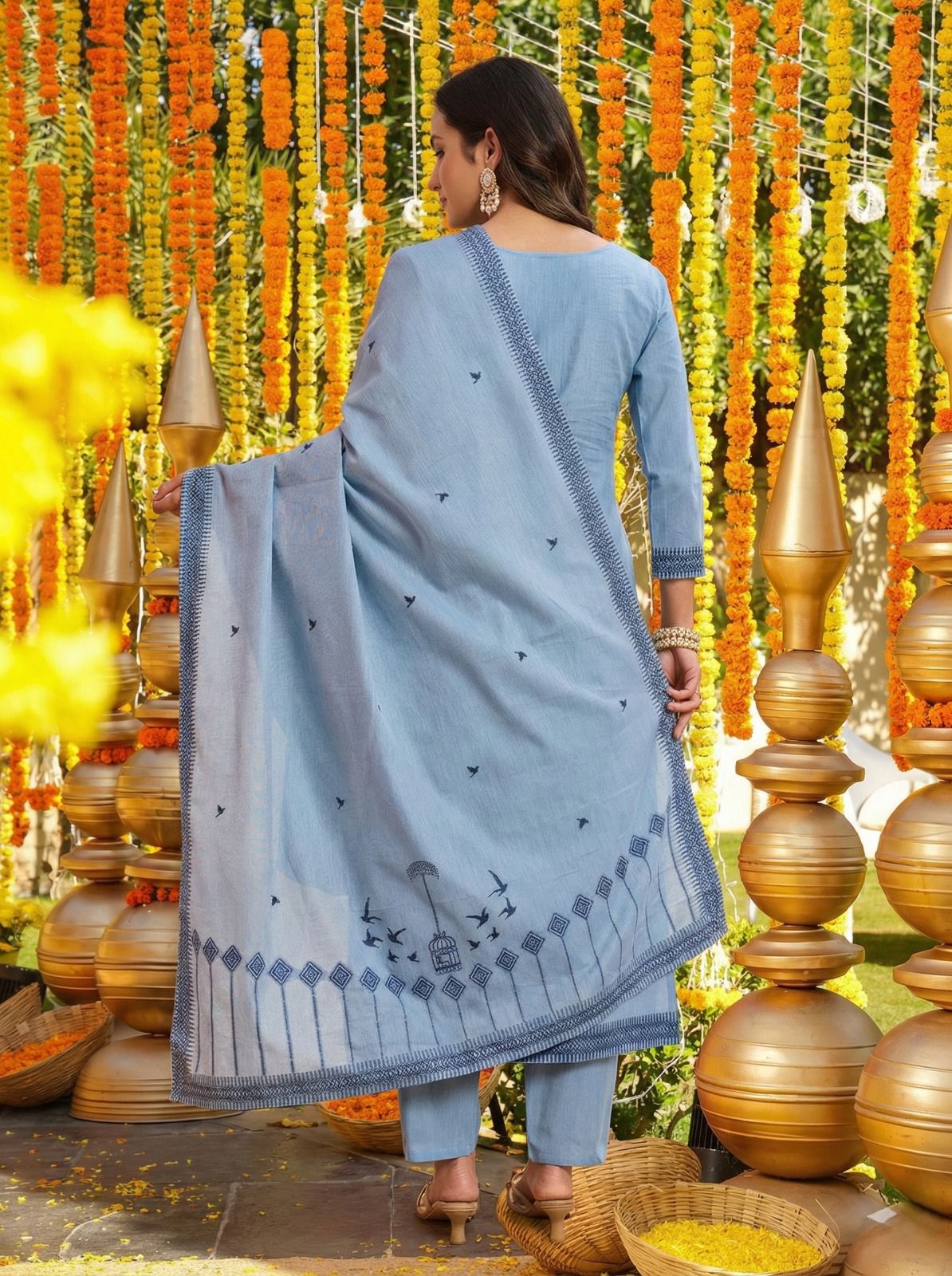 Sky Blue Embroidered Cotton Kurta Pant Set with Bird Motif Dupatta